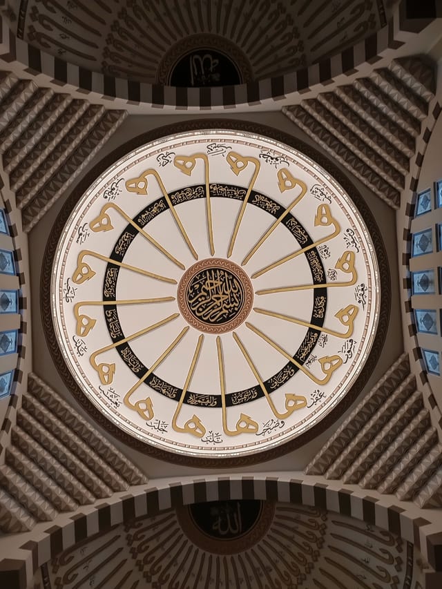 An ornamented mosque ceiling showing Islamic geometric art and calligraphy